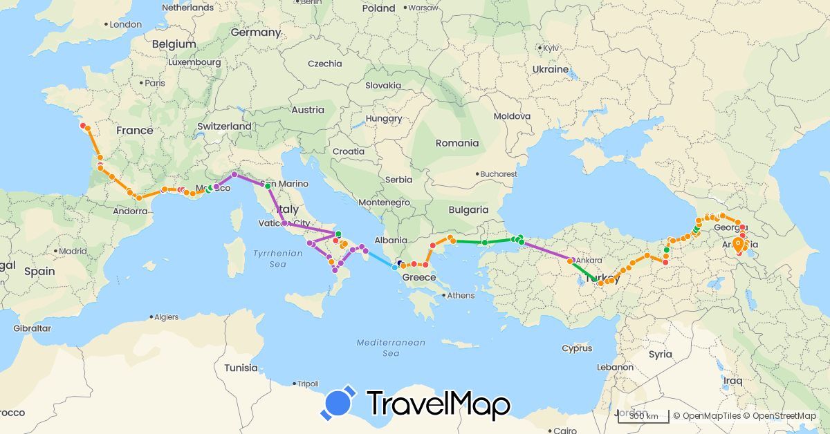 TravelMap itinerary: driving, bus, train, hiking, boat, hitchhiking in Armenia, France, Georgia, Greece, Italy, Turkey (Asia, Europe)